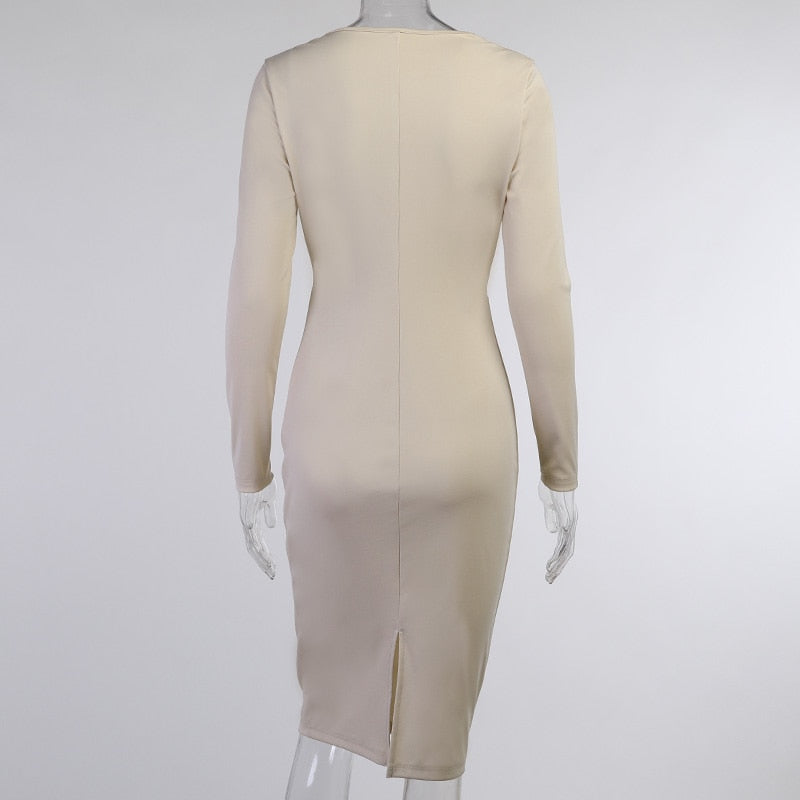 Elegant Round Neck Long Sleeve Draped Knee-Length Women's Dress