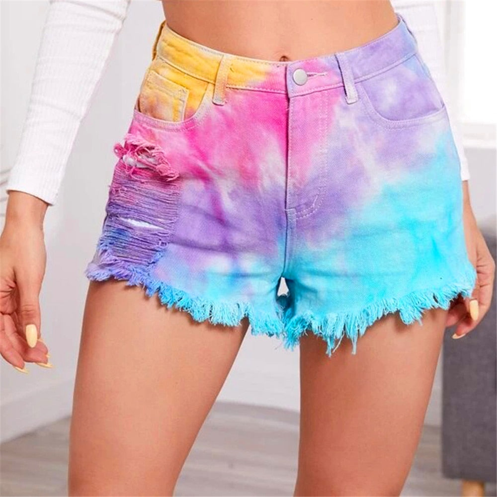 Tie Dye Print Tassel Cut Off Summer Denim Shorts