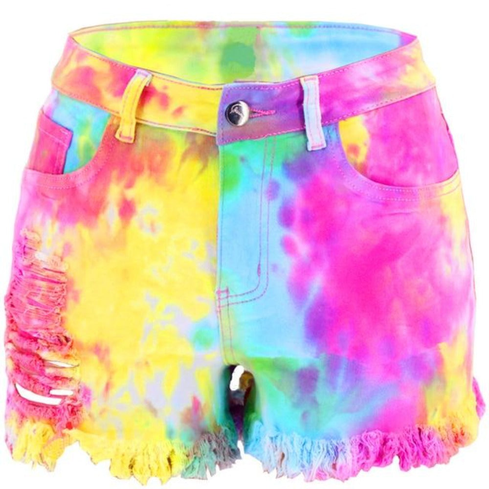 Tie Dye Print Tassel Cut Off Summer Denim Shorts