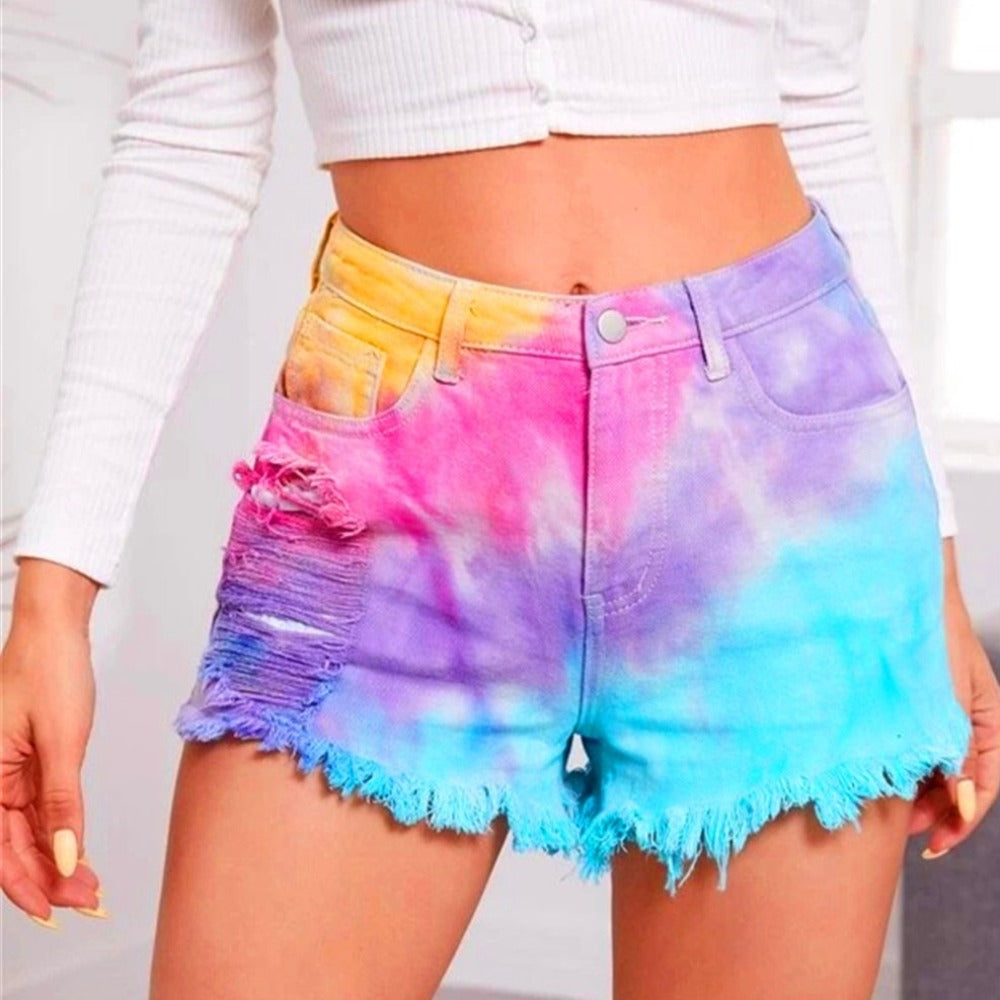 Tie Dye Print Tassel Cut Off Summer Denim Shorts