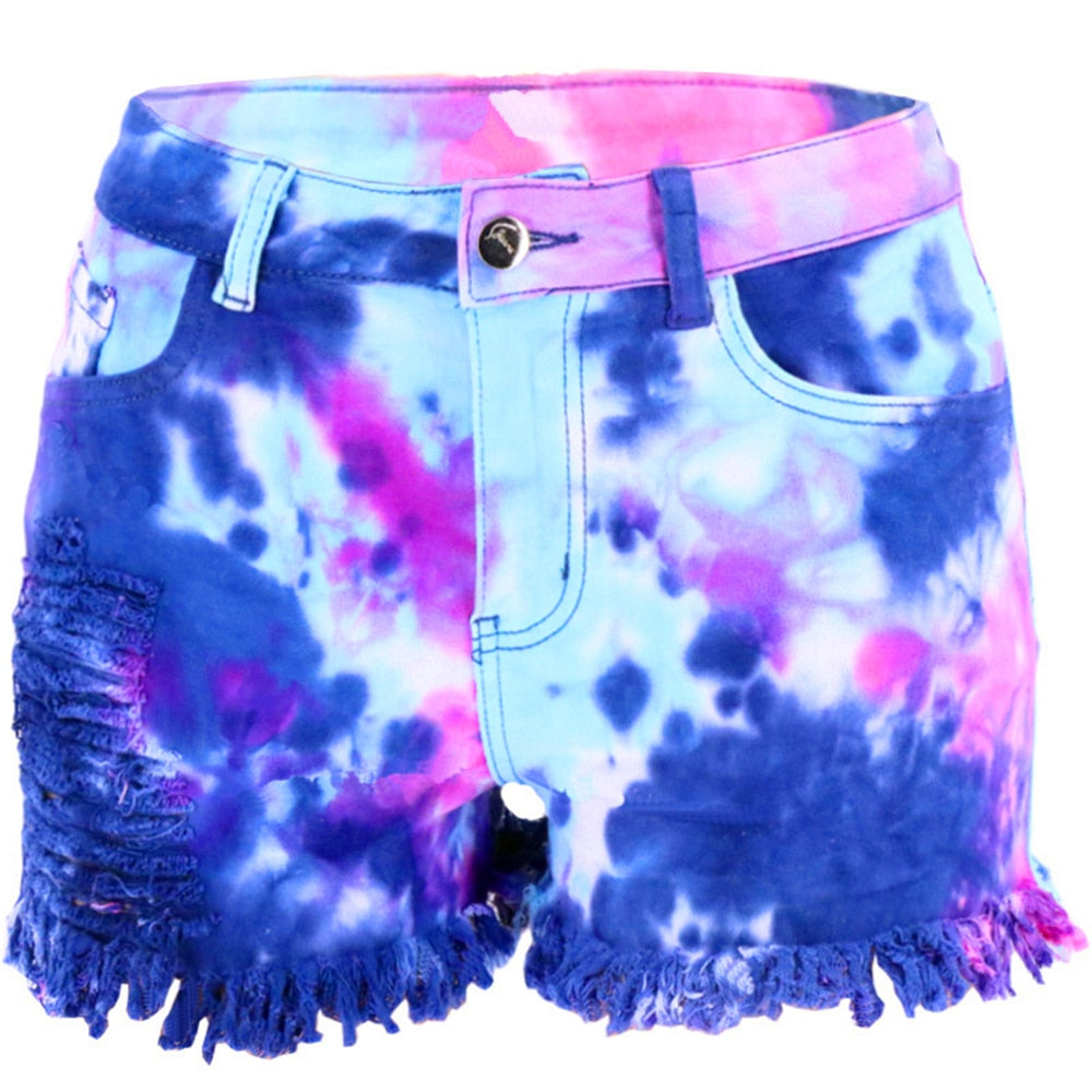 Tie Dye Print Tassel Cut Off Summer Denim Shorts