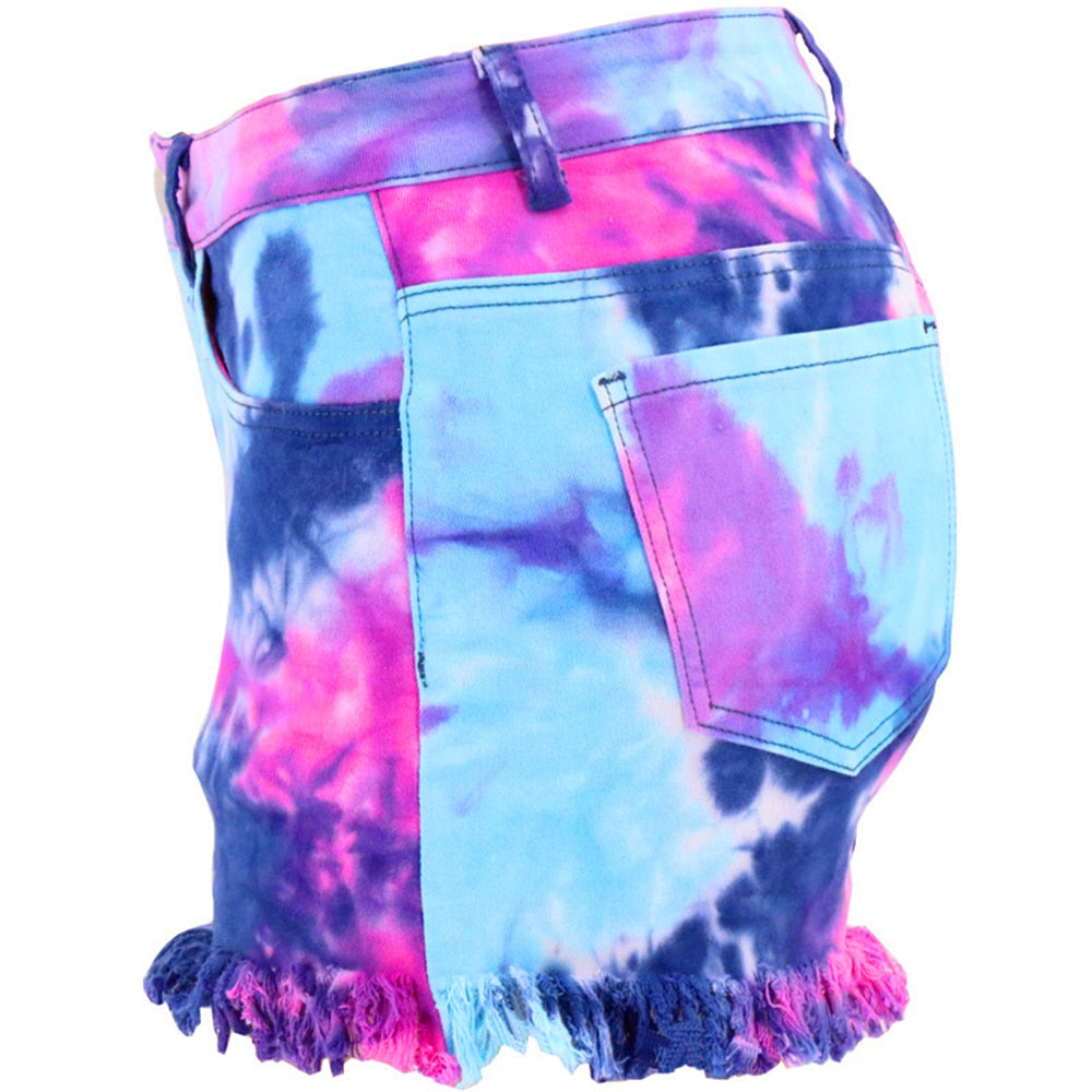 Tie Dye Print Tassel Cut Off Summer Denim Shorts