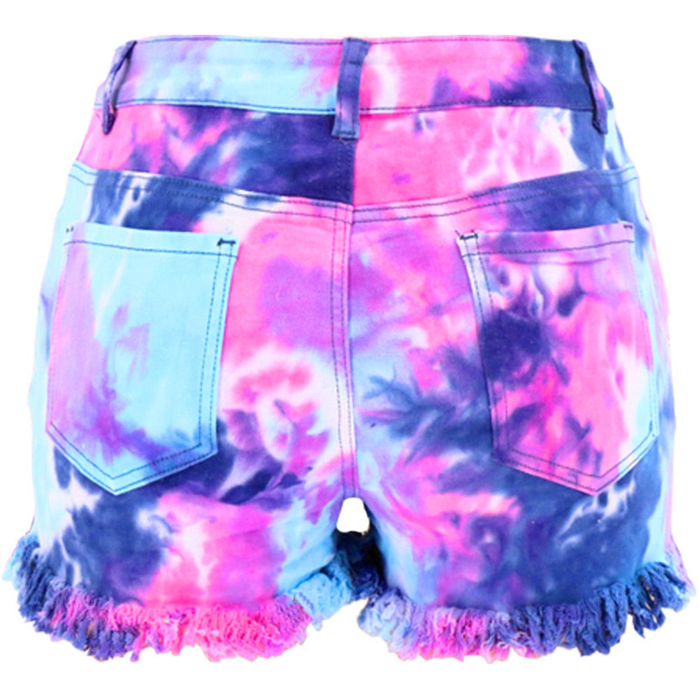 Tie Dye Print Tassel Cut Off Summer Denim Shorts