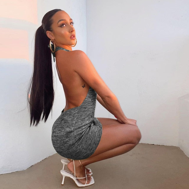 Knitted Halter Bodycon Backless Sleeveless Mini Dresses