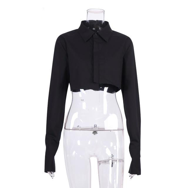 Sexy Turn Down Straight Collar Flare Long Sleeves Crop Top