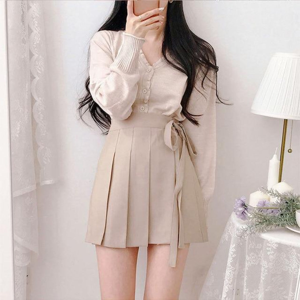Korean Lace Up Pleated Style Mini Chic Skirts