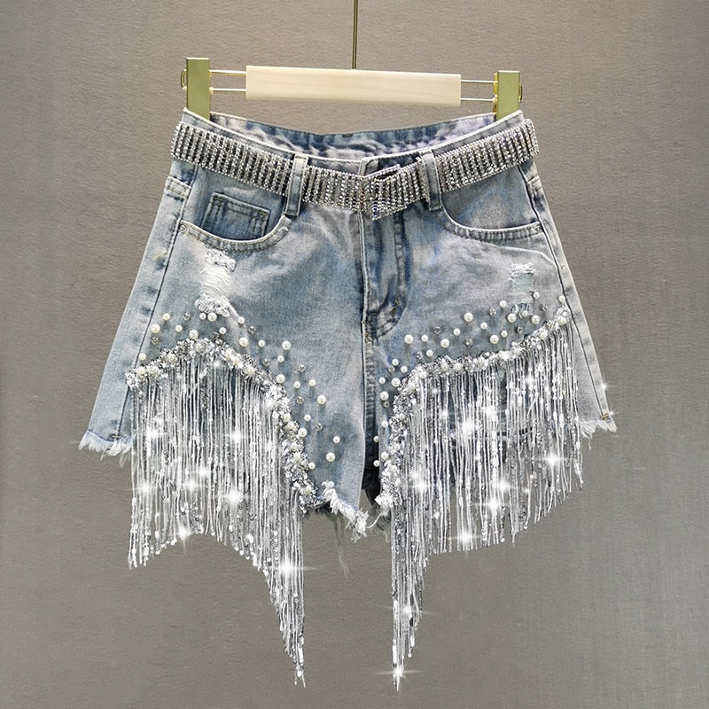 Luxury Rhinestone Tasseled Denim Shorts (Belt Not Included)