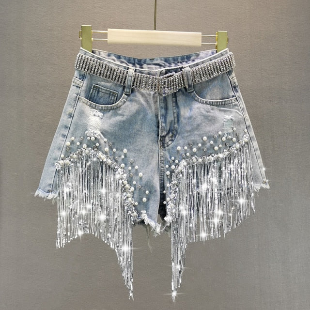 Luxury Rhinestone Tasseled Denim Shorts (Belt Not Included)