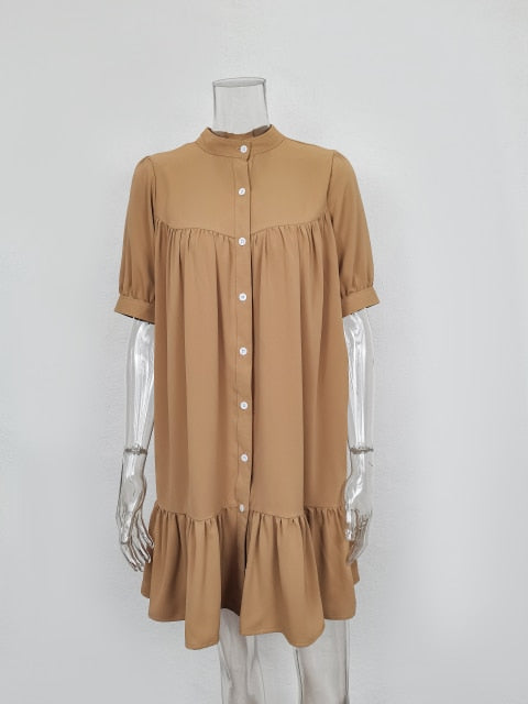 Women's Vintage Ruffled Front Button A-line Long Sleeve Elegant Casual Mini Dress