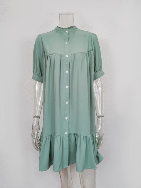 Women's Vintage Ruffled Front Button A-line Long Sleeve Elegant Casual Mini Dress