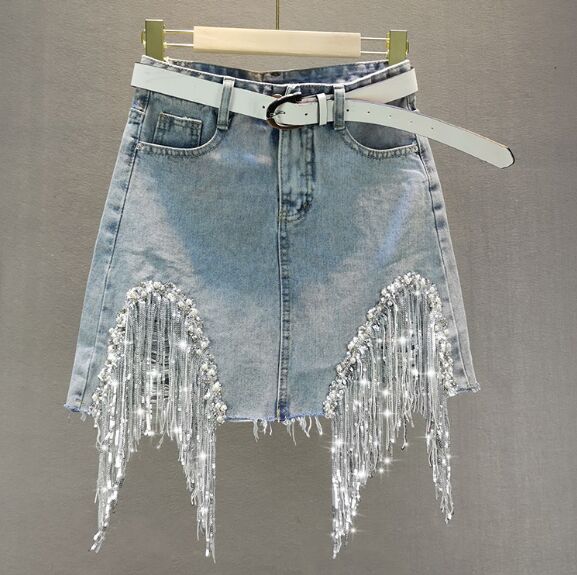 Luxury Rhinestone Tasseled Denim Shorts (Belt Not Included)
