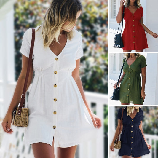 Women's Slim Pure Color Single Row Buttons V-Neck Casual Dress