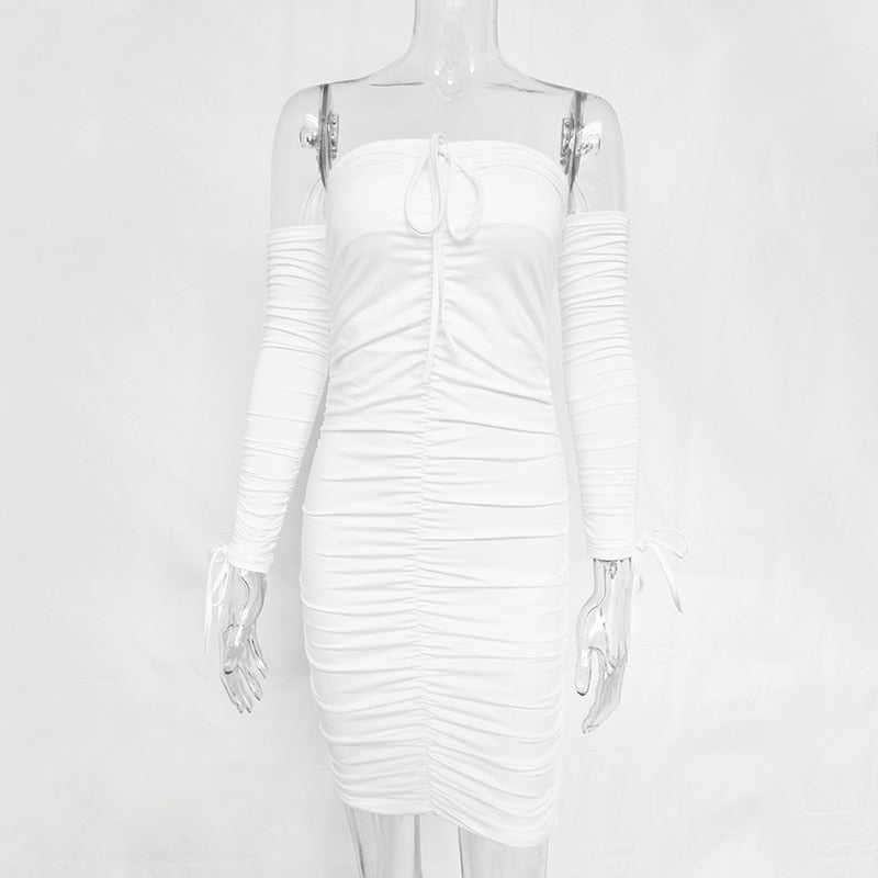 Women Off Shoulder Long Sleeve Slim Elastic Bodycon Bandage mini Dress