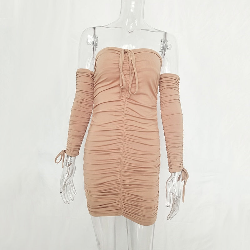 Women Off Shoulder Long Sleeve Slim Elastic Bodycon Bandage mini Dress