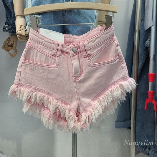 All-match Ripped Tassel Edge Wide Leg Denim Shorts