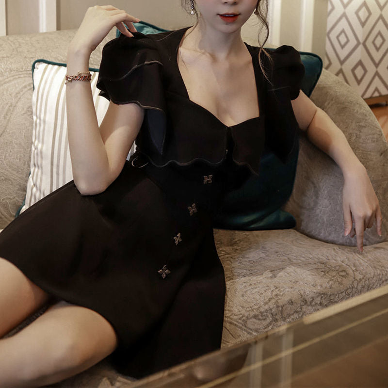 Women's Elegant KPOP Fashion Black Vintage Mini Dresses