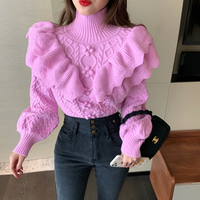 Ruffled Floral Knitted Turtleneck Sweater