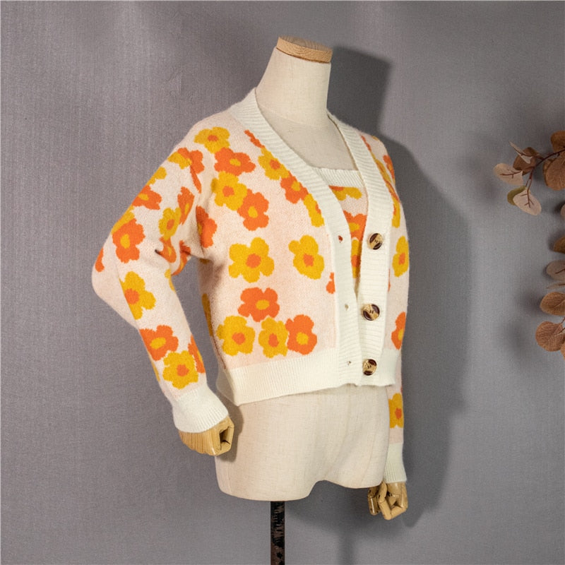 Vintage Floral Cardigan Two-Piece Set Top
