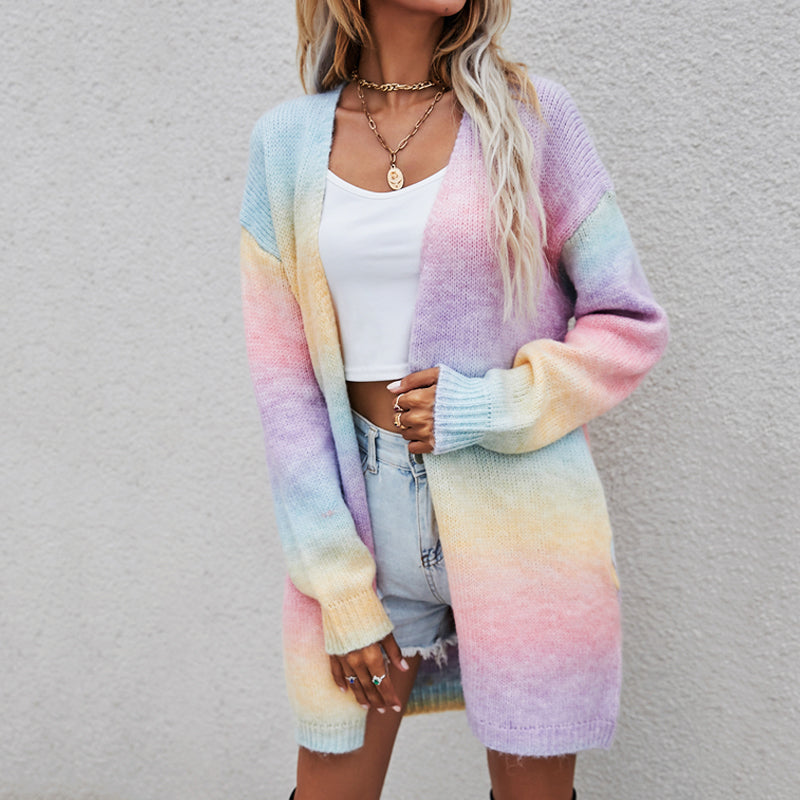Colorful Rainbow Style Women's Tie Dye Cardigan - Mid-length Knitted Autumn Fashion Casual Sweater