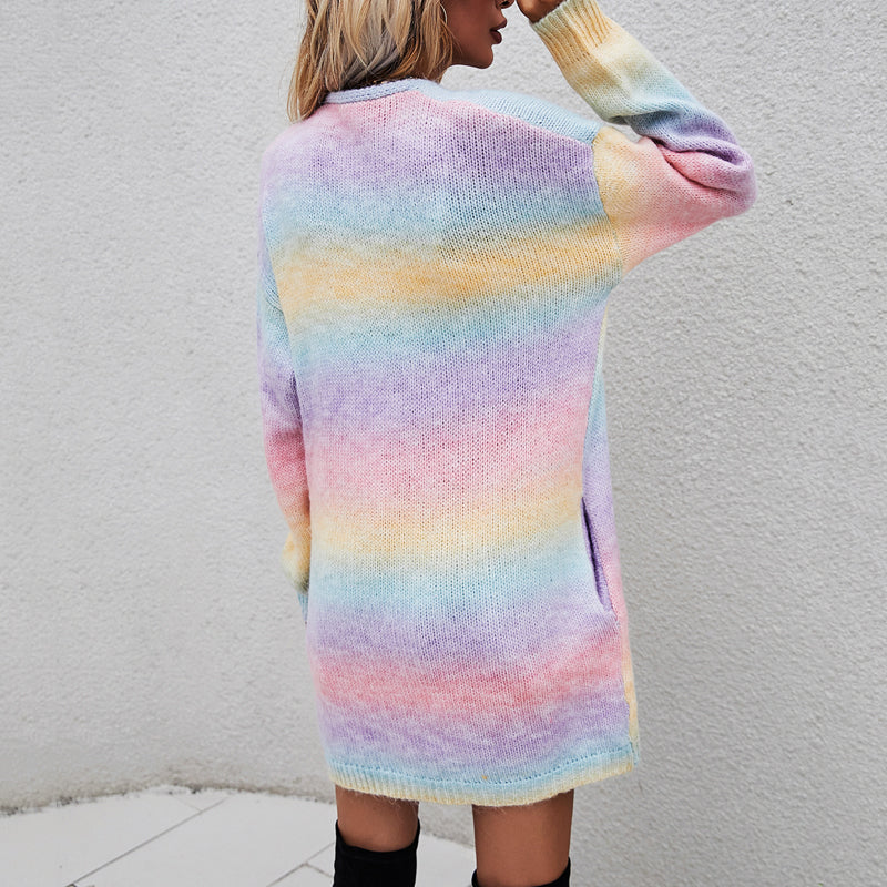 Colorful Rainbow Style Women's Tie Dye Cardigan - Mid-length Knitted Autumn Fashion Casual Sweater