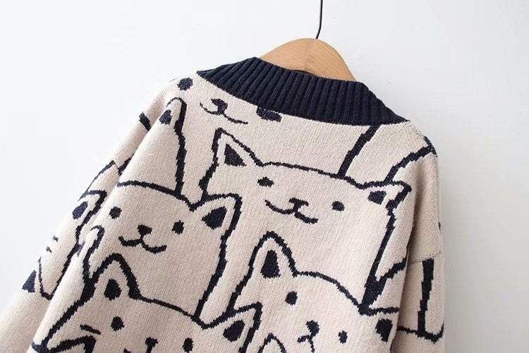 Kawaii Cartoon V Neck Harajuku Cardigan - Women's Cute Cat Knitted Retro Sweater
