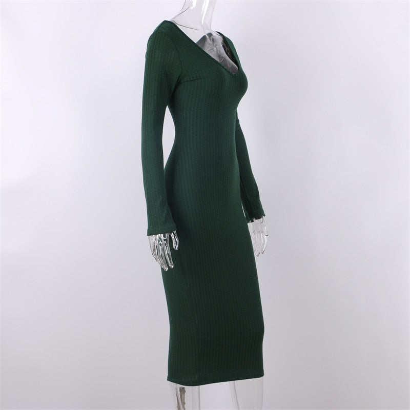 Women's Bodycon Long Sleeve V Neck Ribbed Knit Midi Dress