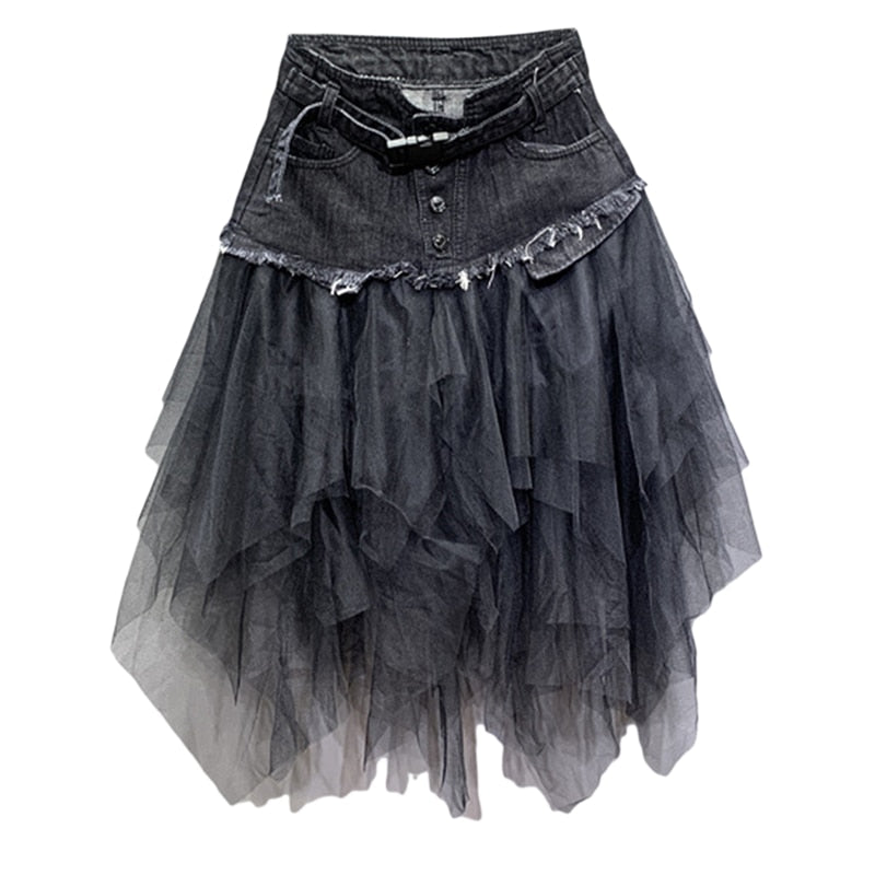 Women's Frill Tulle Laced Skirt - High Waist Denim Mesh Patchwork Gothic Chic Skirts
