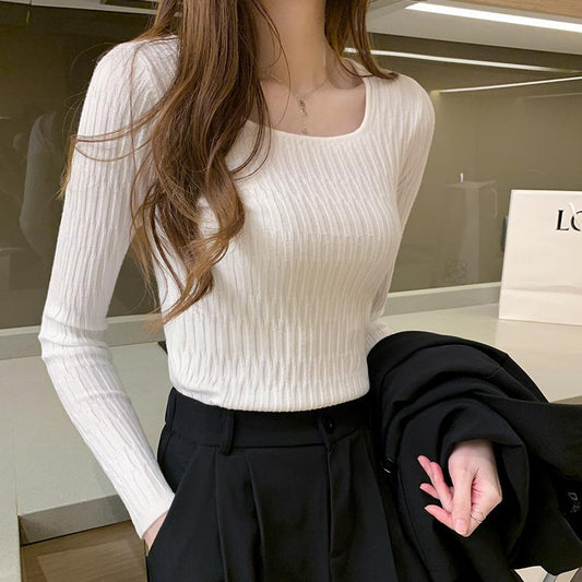 Square Neck Long-Sleeved Knitted Top Slim Inner Sweater