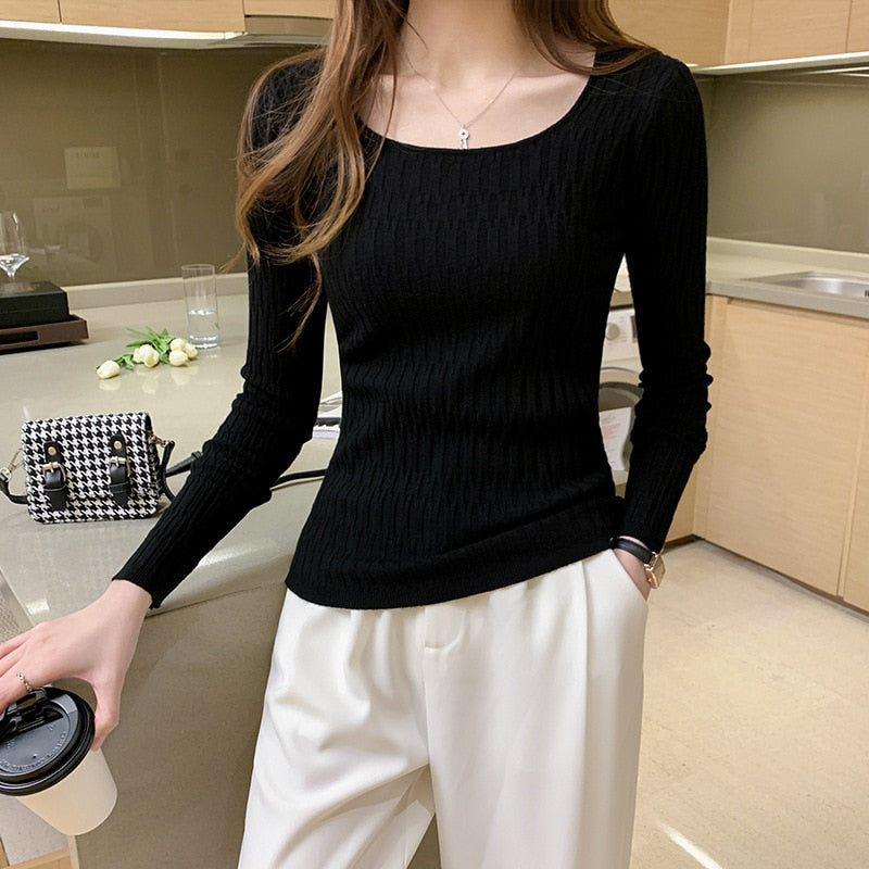 Square Neck Long-Sleeved Knitted Top Slim Inner Sweater