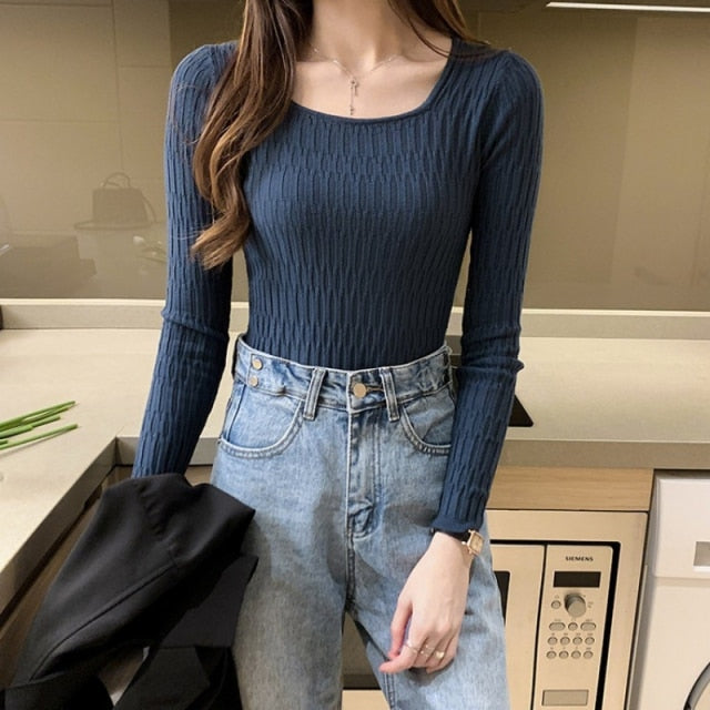 Square Neck Long-Sleeved Knitted Top Slim Inner Sweater