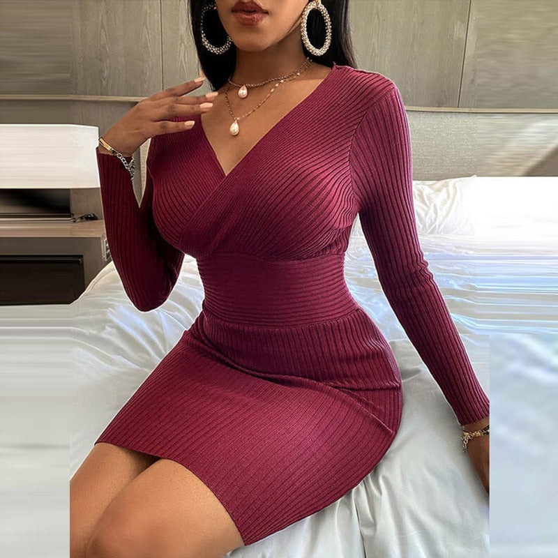 Women's Elegant V Neck Slim Fit Bodyon Dress Mini Dresses