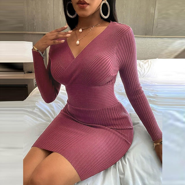 Women's Elegant V Neck Slim Fit Bodyon Dress Mini Dresses