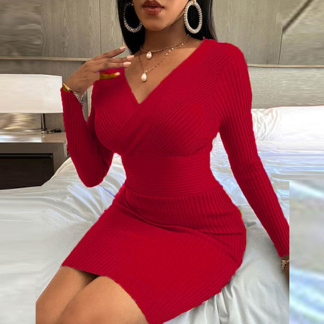 Women's Elegant V Neck Slim Fit Bodyon Dress Mini Dresses