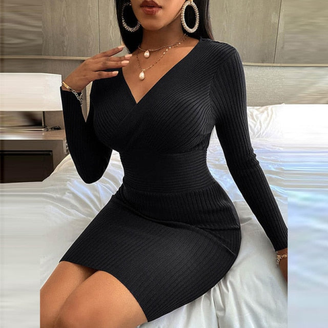 Women's Elegant V Neck Slim Fit Bodyon Dress Mini Dresses
