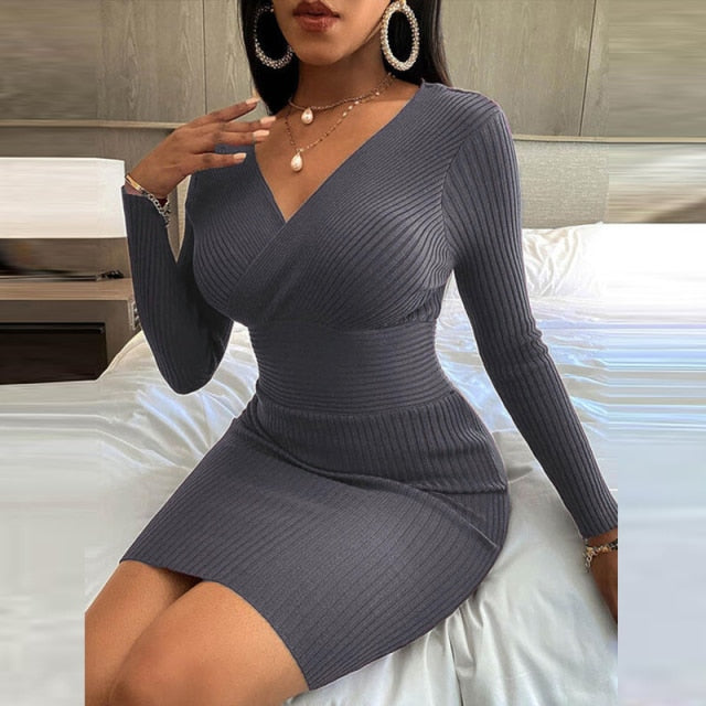 Women's Elegant V Neck Slim Fit Bodyon Dress Mini Dresses