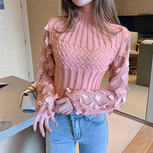 Turtleneck Mesh Patchwork Knitwear Top