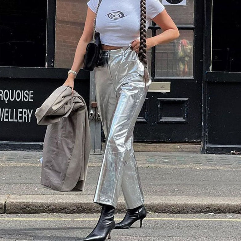Vintage Shiny Silver Streetwear Pants